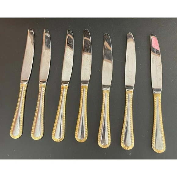 Cambridge Carlyle Gold Accents Rope Stainless‎ Steel Butter Knives Set Of 7 - Picture 1 of 7